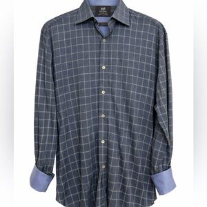 Hickey Freeman Blue Windowpane Shirt Made In Italy Mens M Cotton